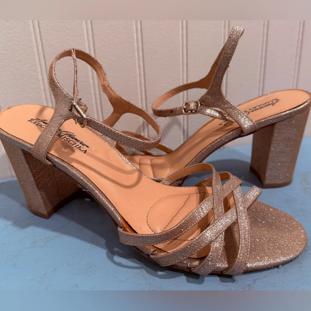 American Glamour Badgley Mischka Gold Glittery Heeled Sandals - Picture 1 of 4